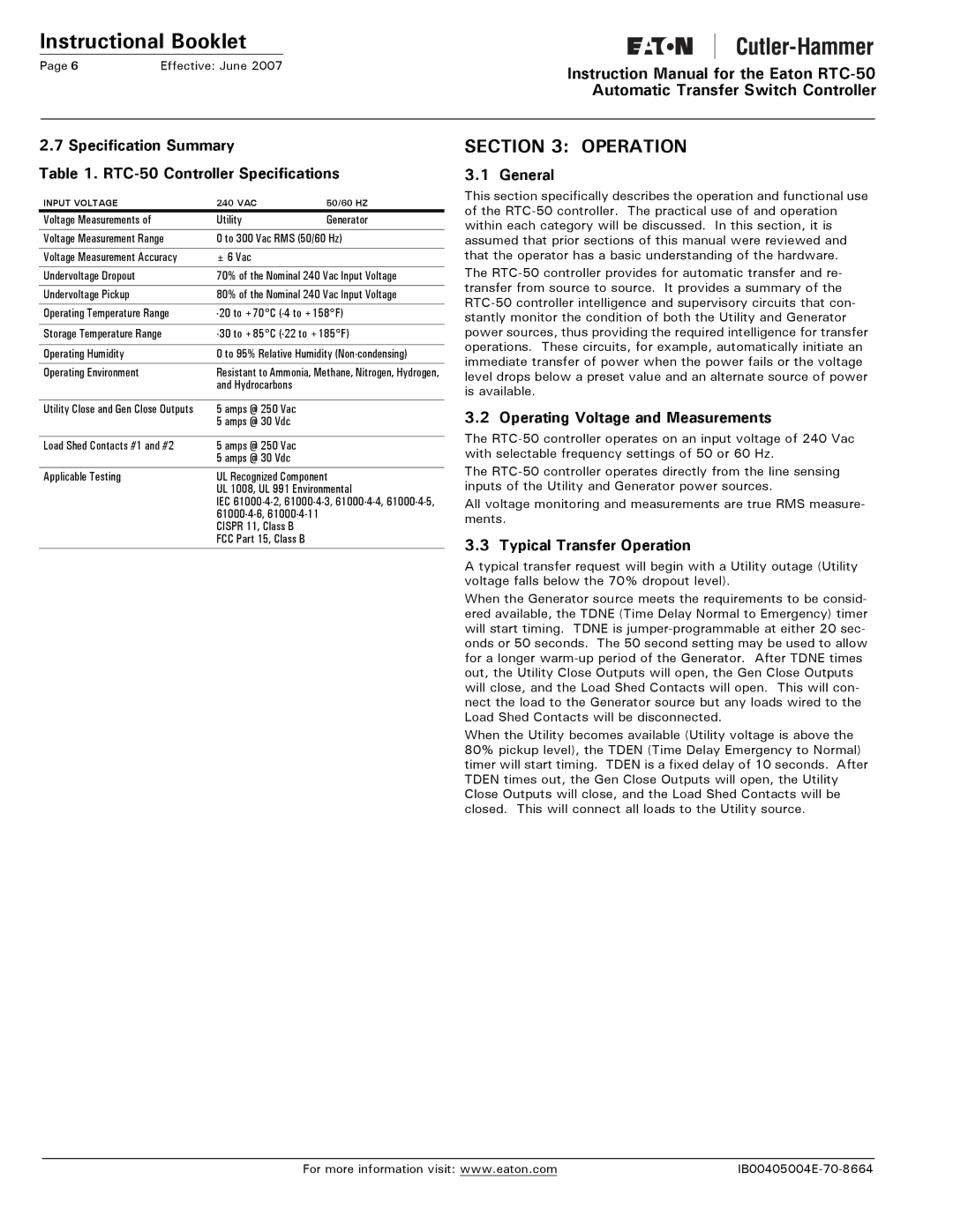 Eaton Electrical Operation, Specification Summary RTC-50 Controller Specifications, Operating Voltage and Measurements 