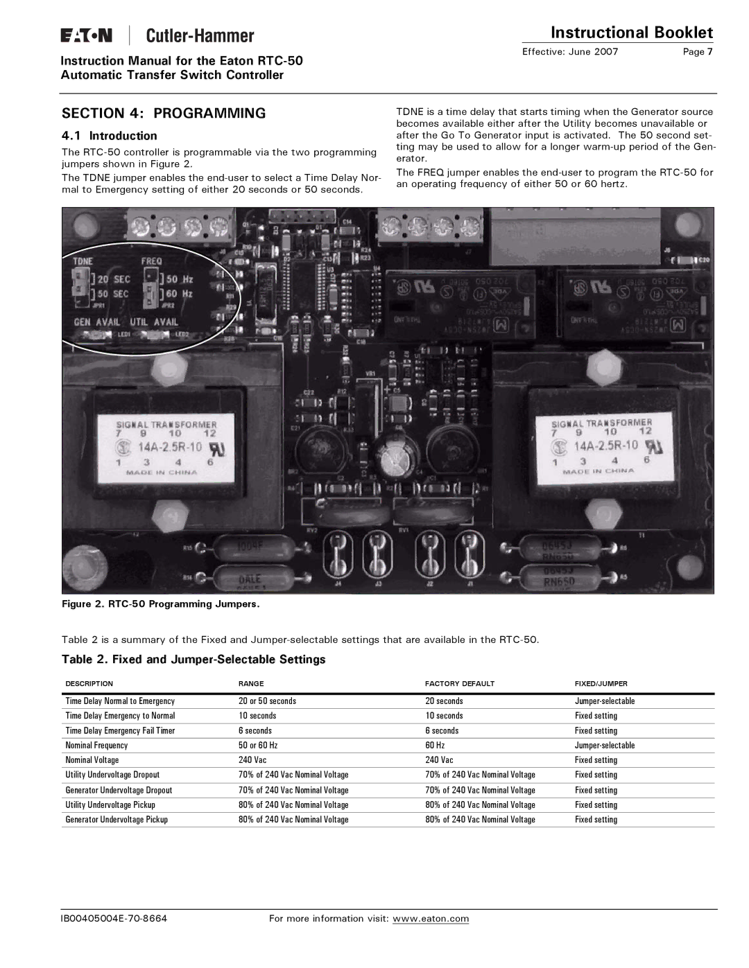 Eaton Electrical RTC-50 instruction manual Programming, Introduction, Fixed and Jumper-Selectable Settings 