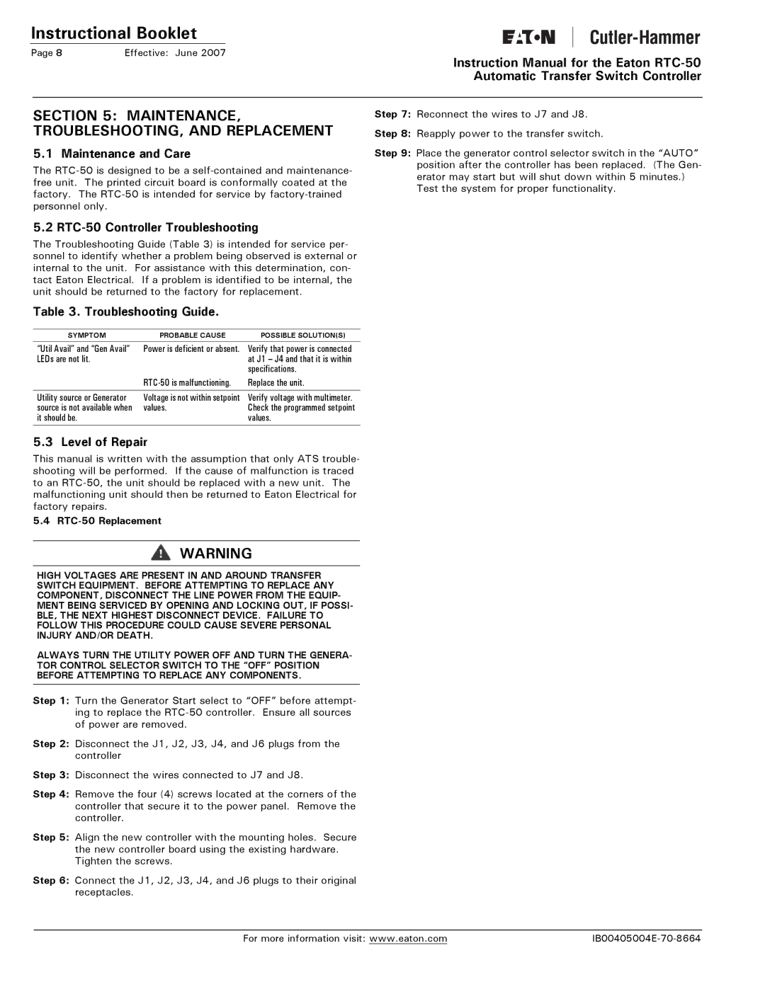 Eaton Electrical Maintenance and Care, RTC-50 Controller Troubleshooting, Troubleshooting Guide, Level of Repair 