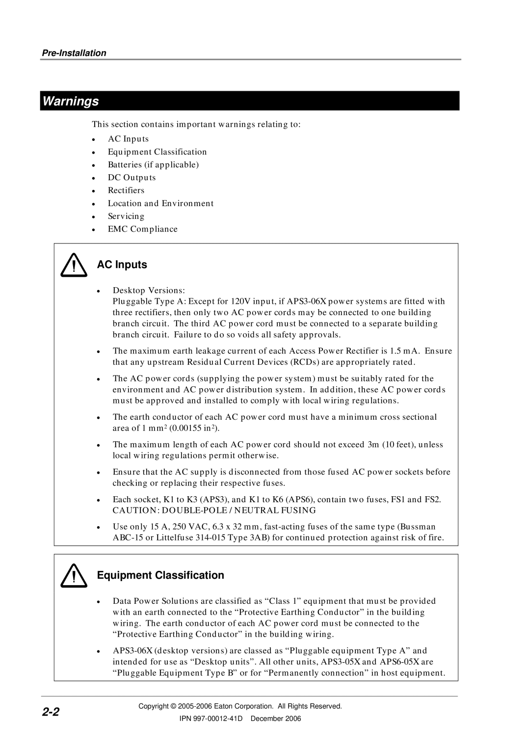 Eaton Electrical SC200 manual AC Inputs, Pre-Installation 