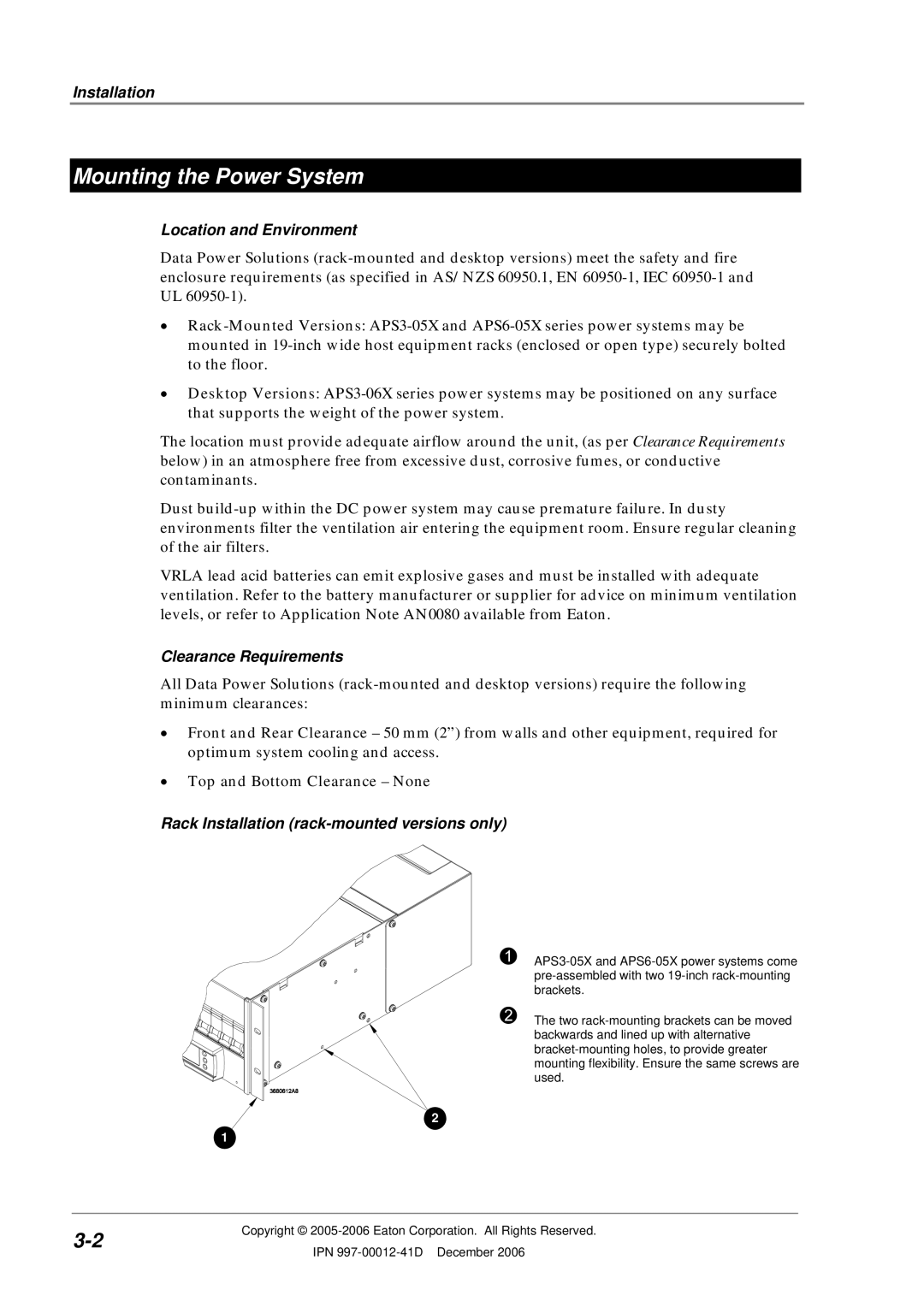 Eaton Electrical SC200 manual Mounting the Power System, Installation, Location and Environment, Clearance Requirements 