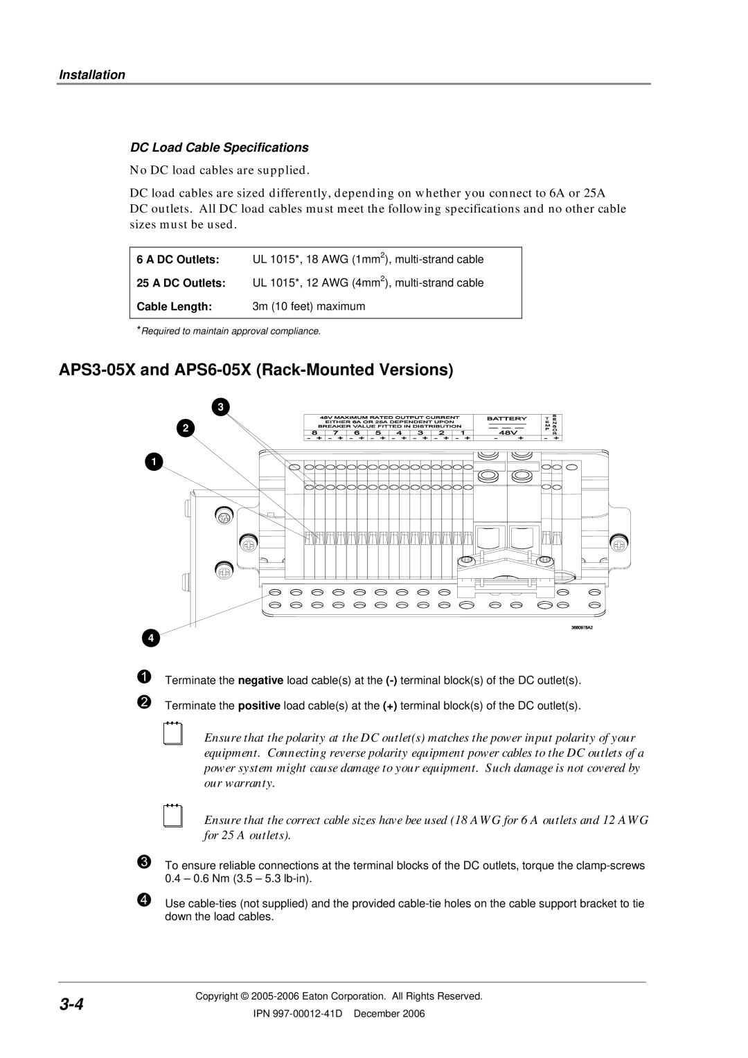 Eaton Electrical SC200 manual APS3-05X and APS6-05X Rack-Mounted Versions, Installation DC Load Cable Specifications 