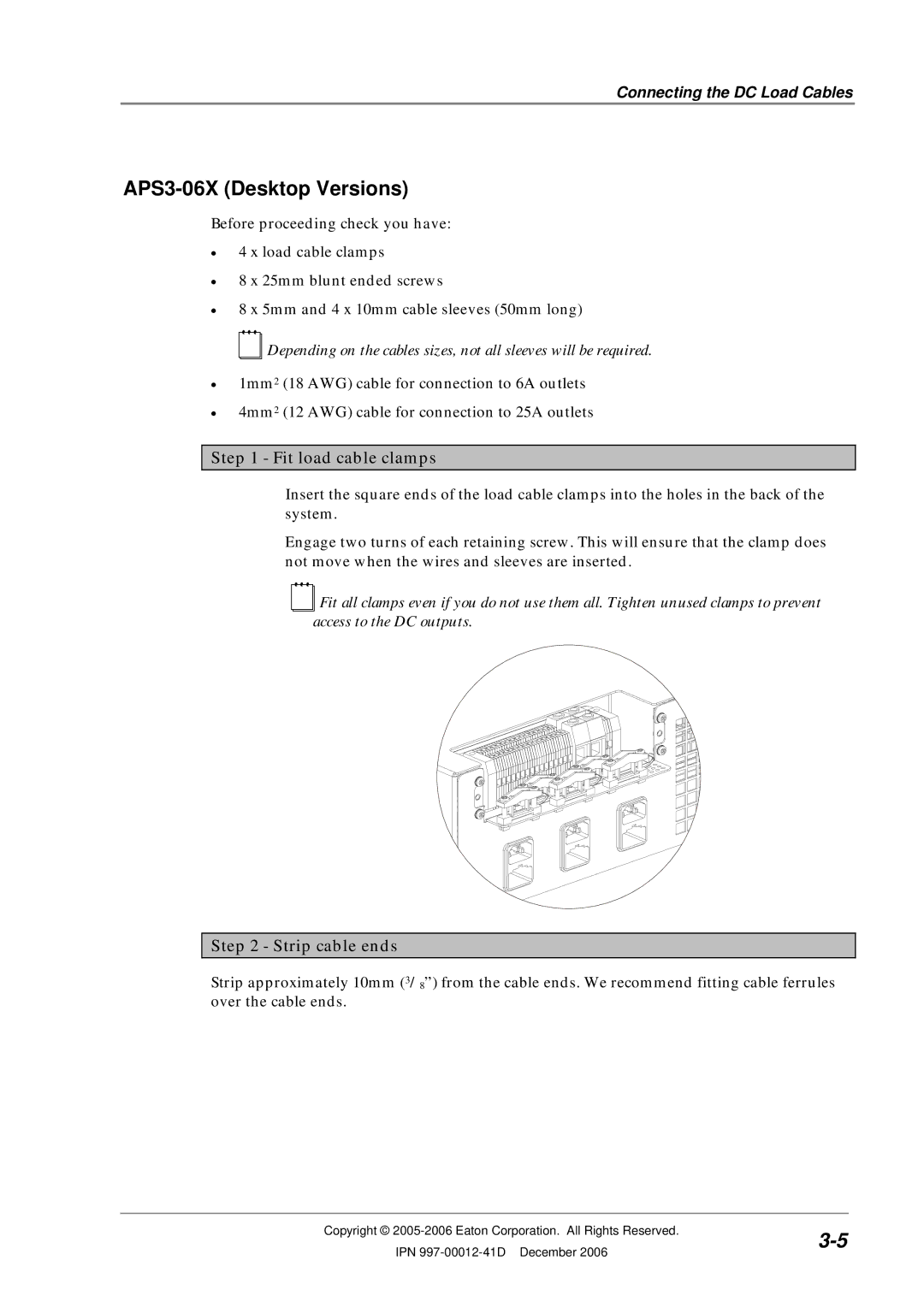 Eaton Electrical SC200 manual Fit load cable clamps, Connecting the DC Load Cables 