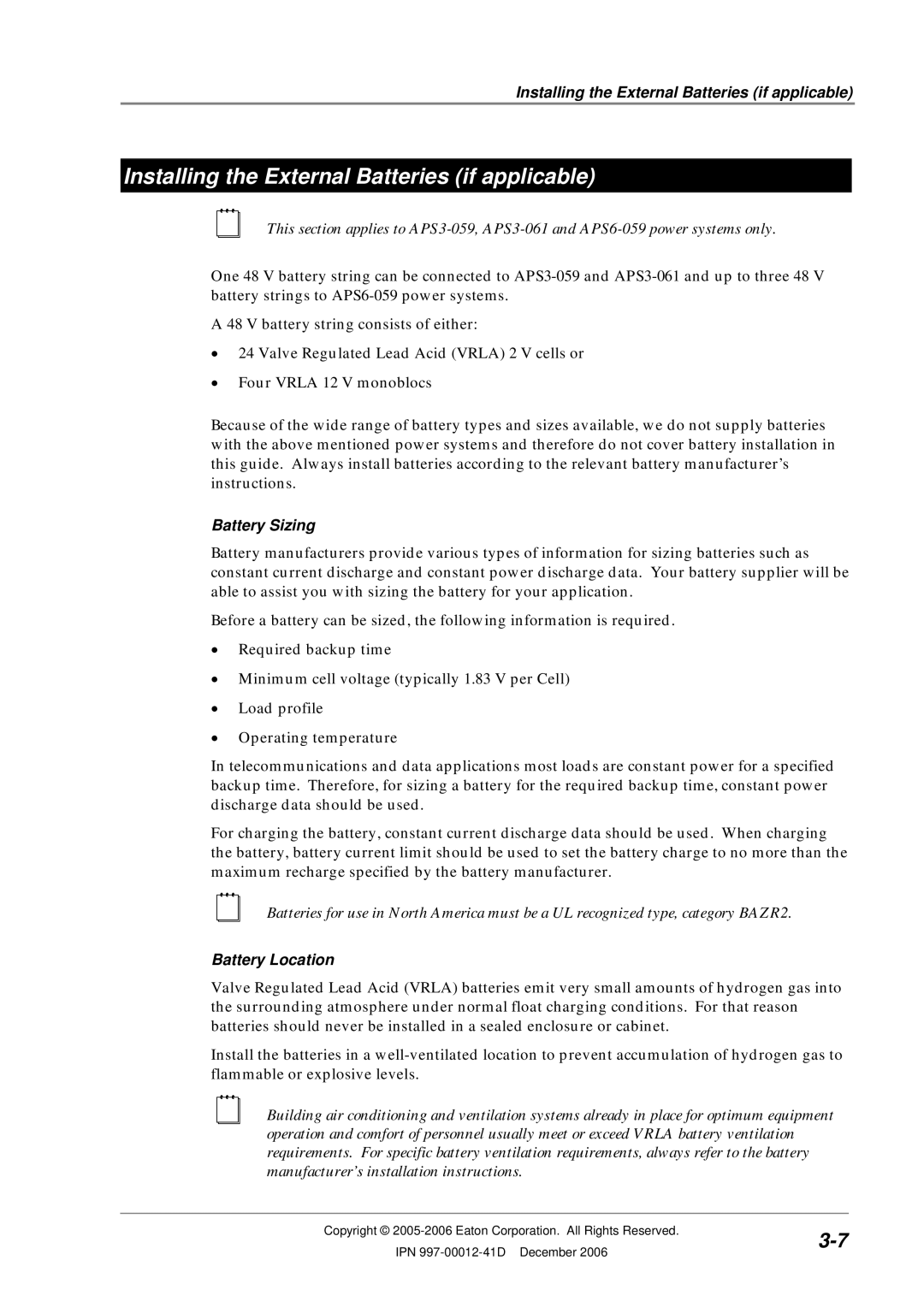 Eaton Electrical SC200 manual Installing the External Batteries if applicable, Battery Sizing, Battery Location 