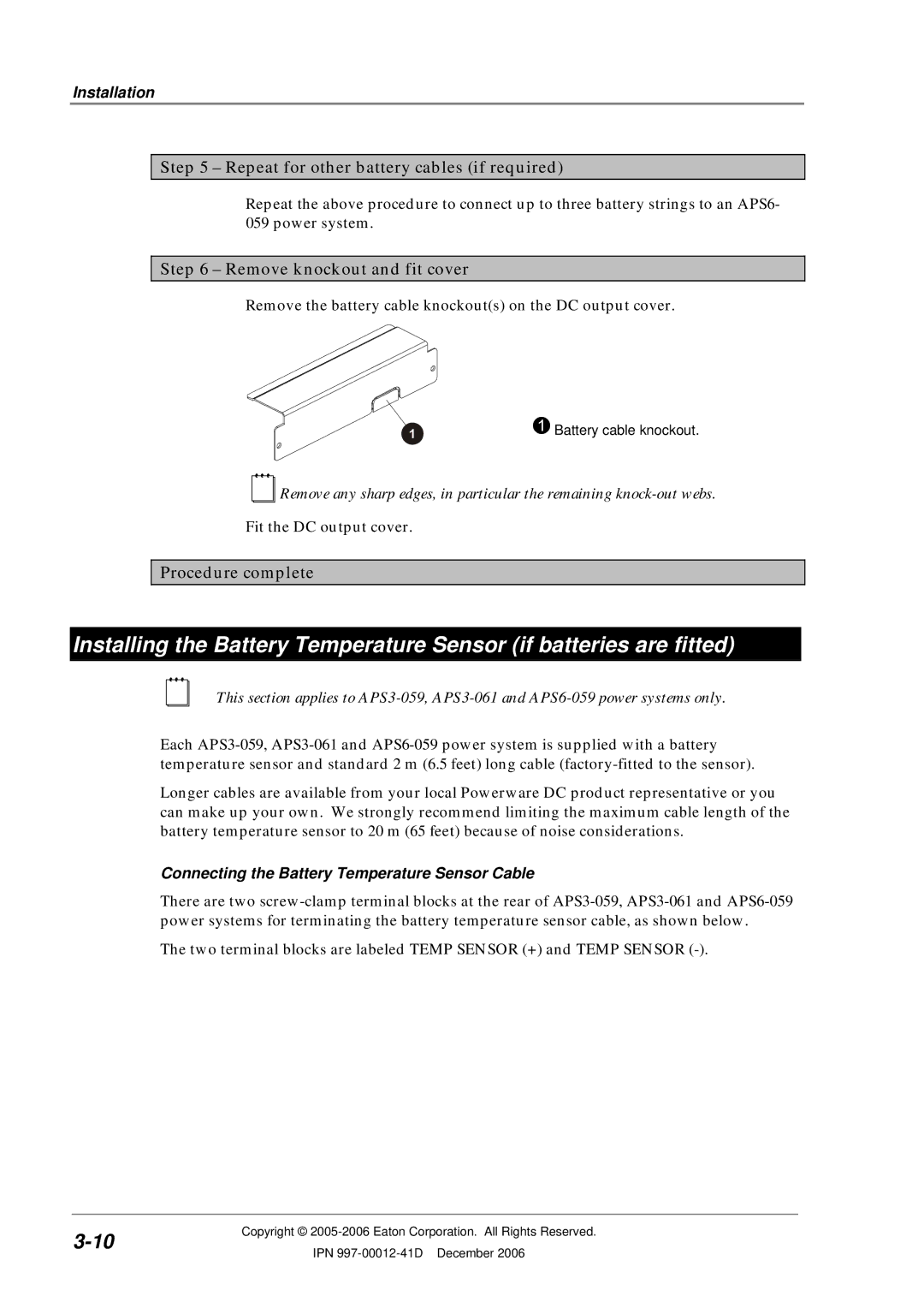 Eaton Electrical SC200 manual Repeat for other battery cables if required, Connecting the Battery Temperature Sensor Cable 