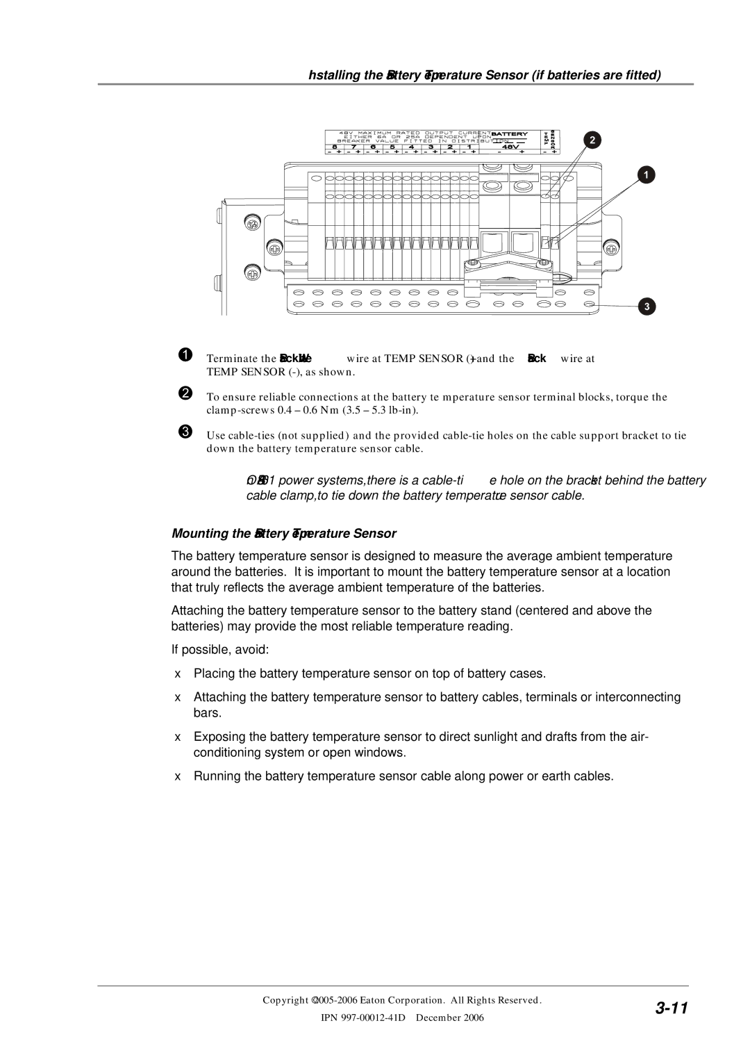 Eaton Electrical SC200 manual Mounting the Battery Temperature Sensor 