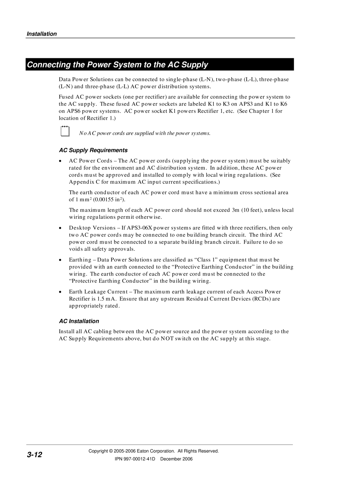 Eaton Electrical SC200 manual Connecting the Power System to the AC Supply, AC Supply Requirements, AC Installation 