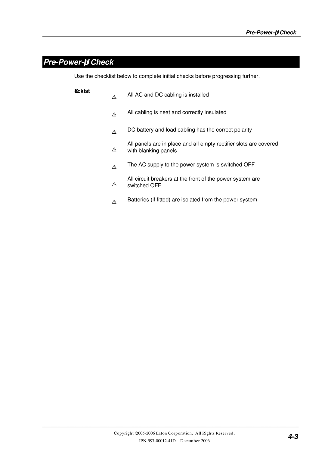 Eaton Electrical SC200 manual Pre-Power-Up Check, Checklist 