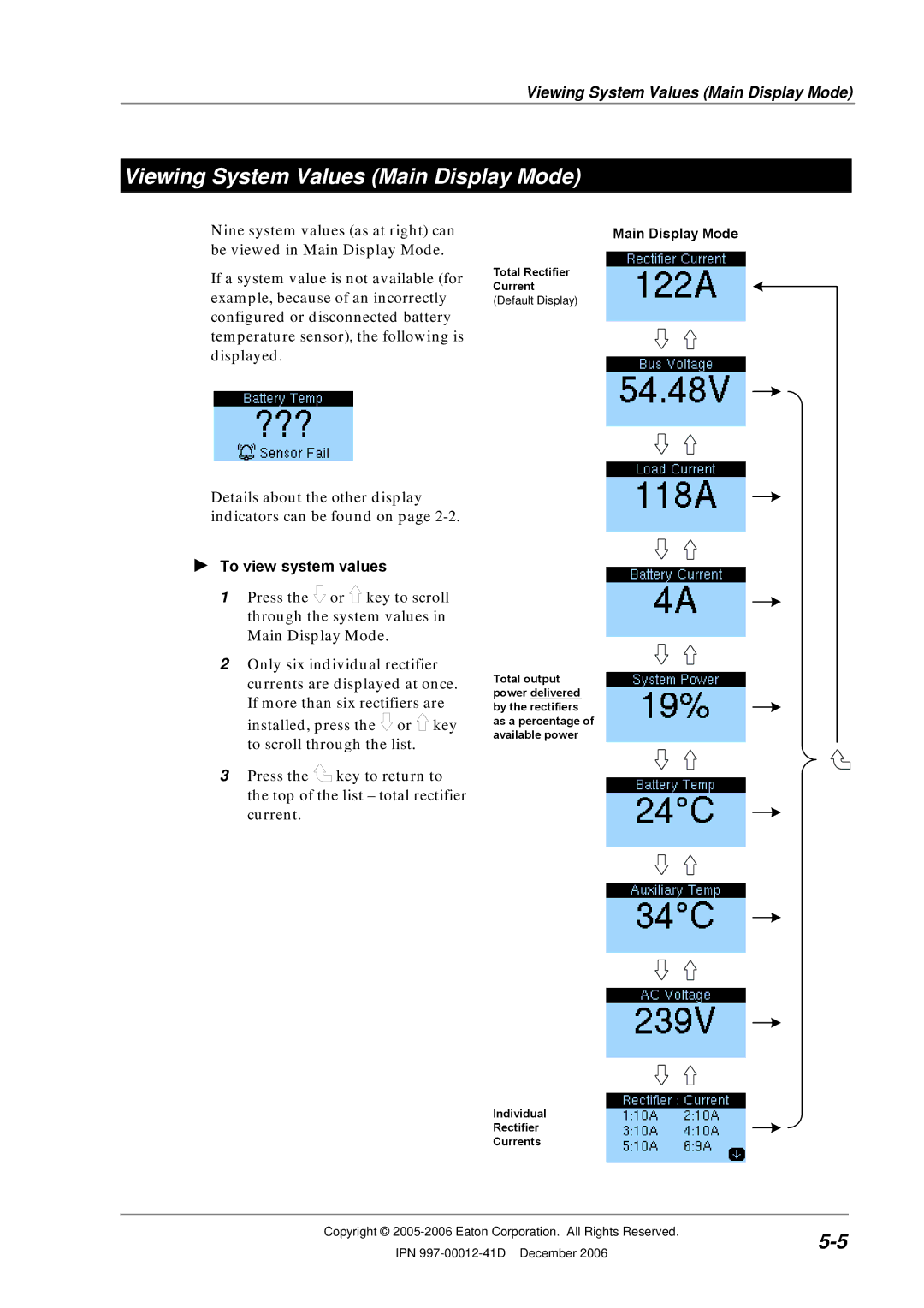 Eaton Electrical SC200 manual Viewing System Values Main Display Mode, To view system values 