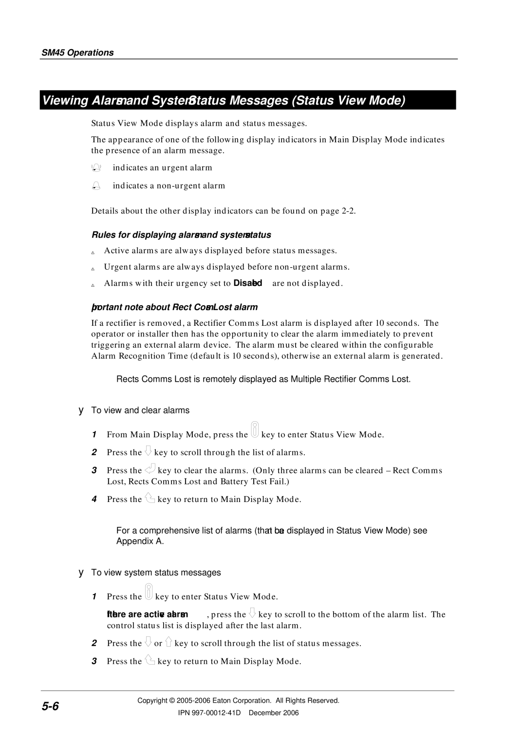 Eaton Electrical SC200 manual Viewing Alarms and System Status Messages Status View Mode, To view and clear alarms 