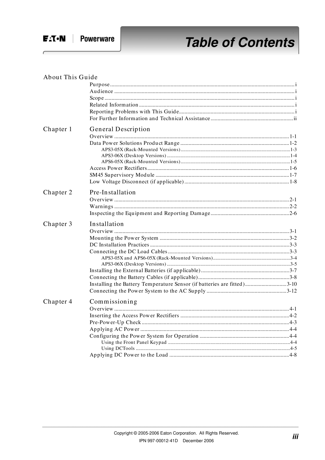 Eaton Electrical SC200 manual Table of Contents 