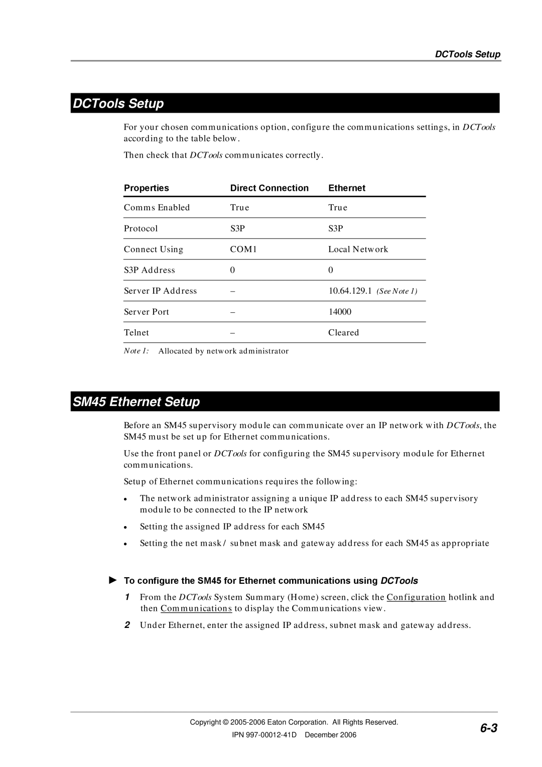 Eaton Electrical SC200 manual DCTools Setup, SM45 Ethernet Setup, Properties Direct Connection Ethernet 