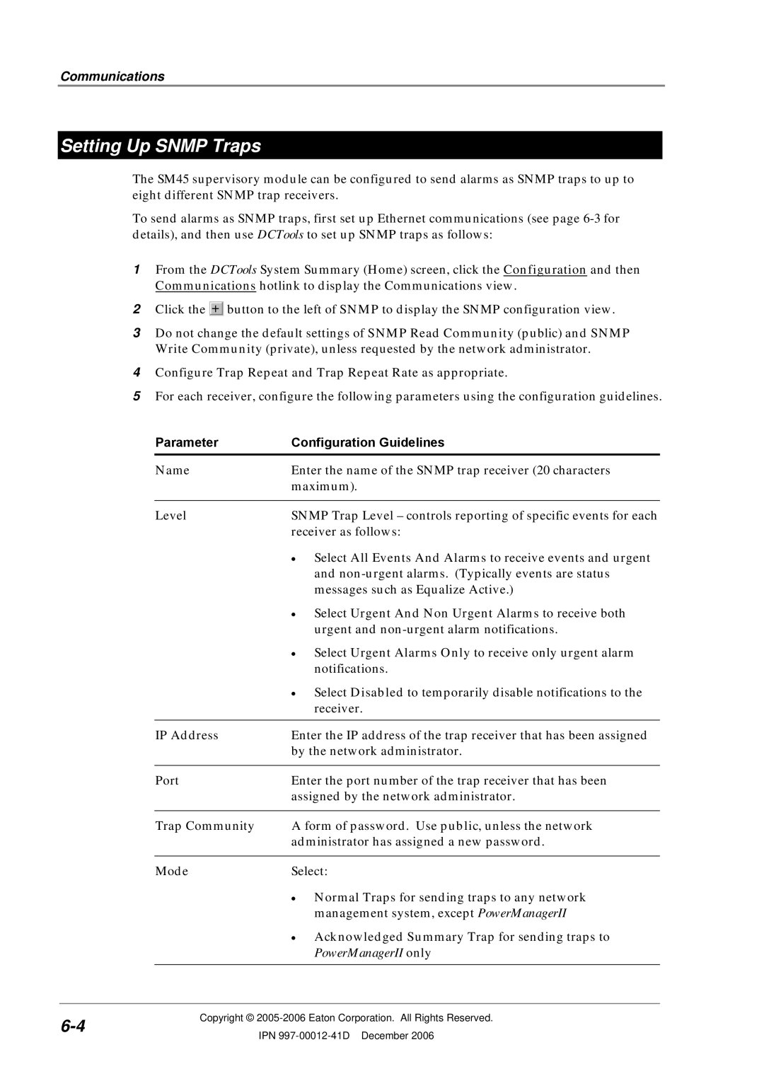 Eaton Electrical SC200 manual Setting Up Snmp Traps, Parameter Configuration Guidelines 