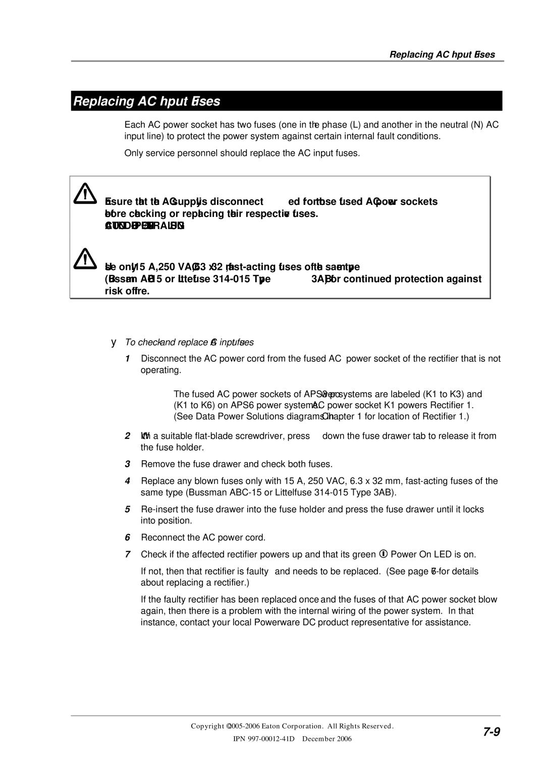 Eaton Electrical SC200 manual Replacing AC Input Fuses, To check and replace AC input fuses 