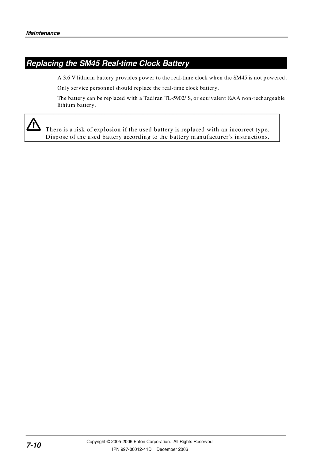 Eaton Electrical SC200 manual Replacing the SM45 Real-time Clock Battery 