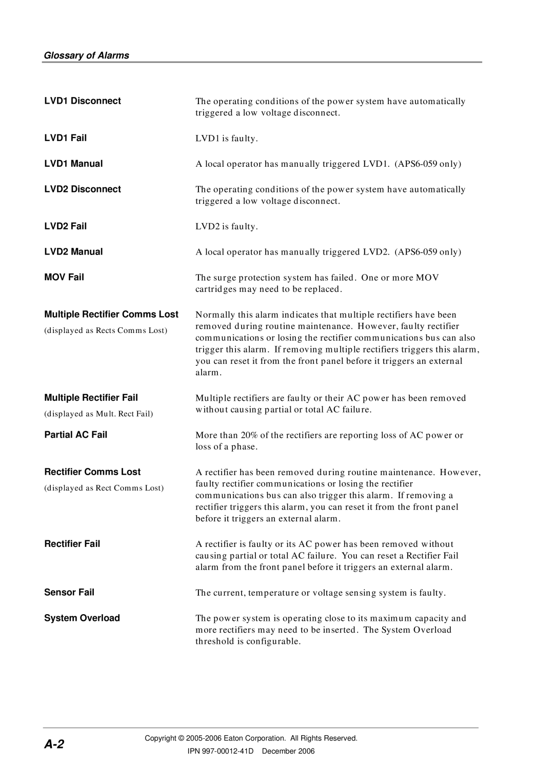 Eaton Electrical SC200 manual Glossary of Alarms, Multiple Rectifier Fail, Partial AC Fail Rectifier Comms Lost 