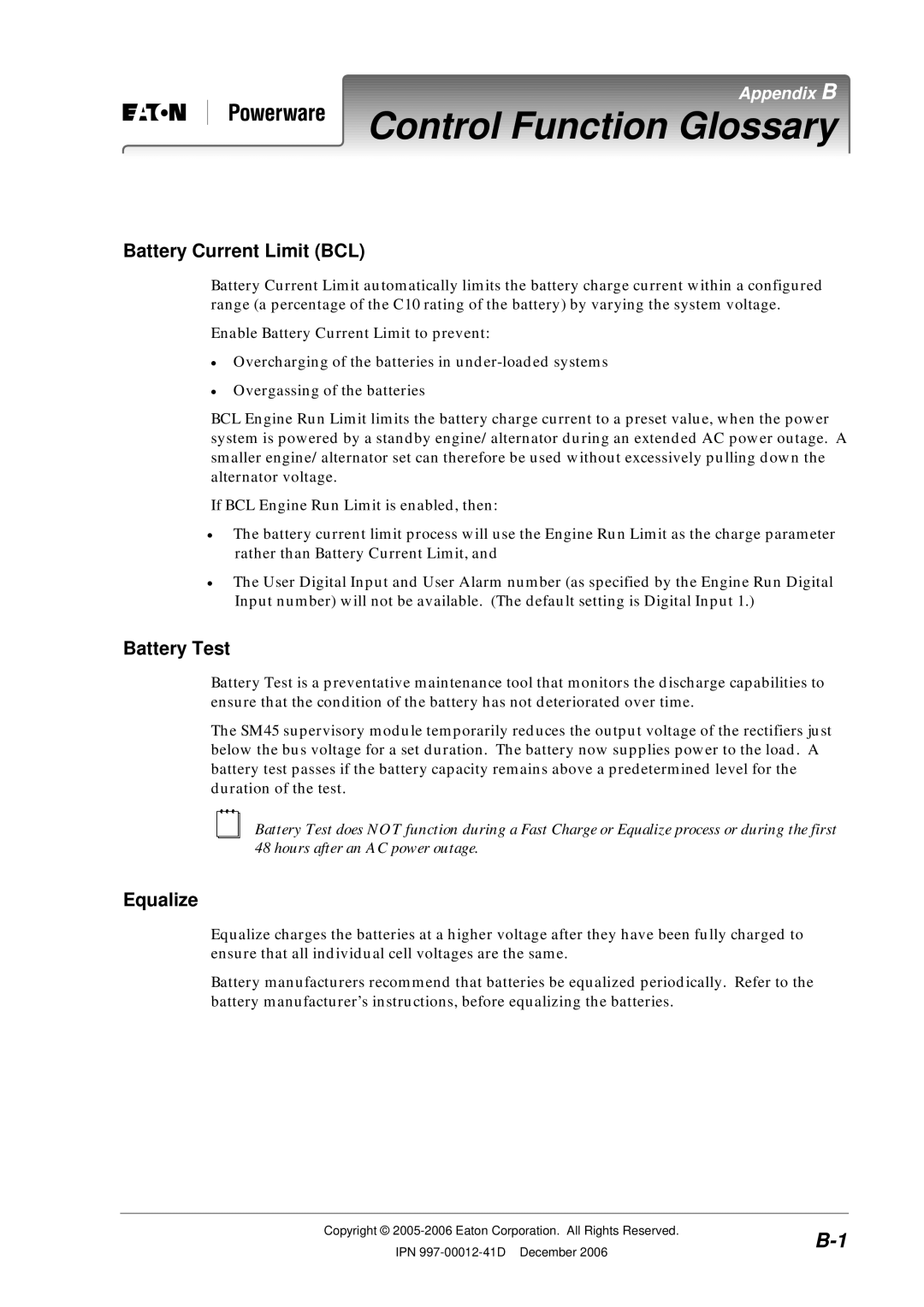 Eaton Electrical SC200 manual Control Function Glossary, Battery Current Limit BCL 