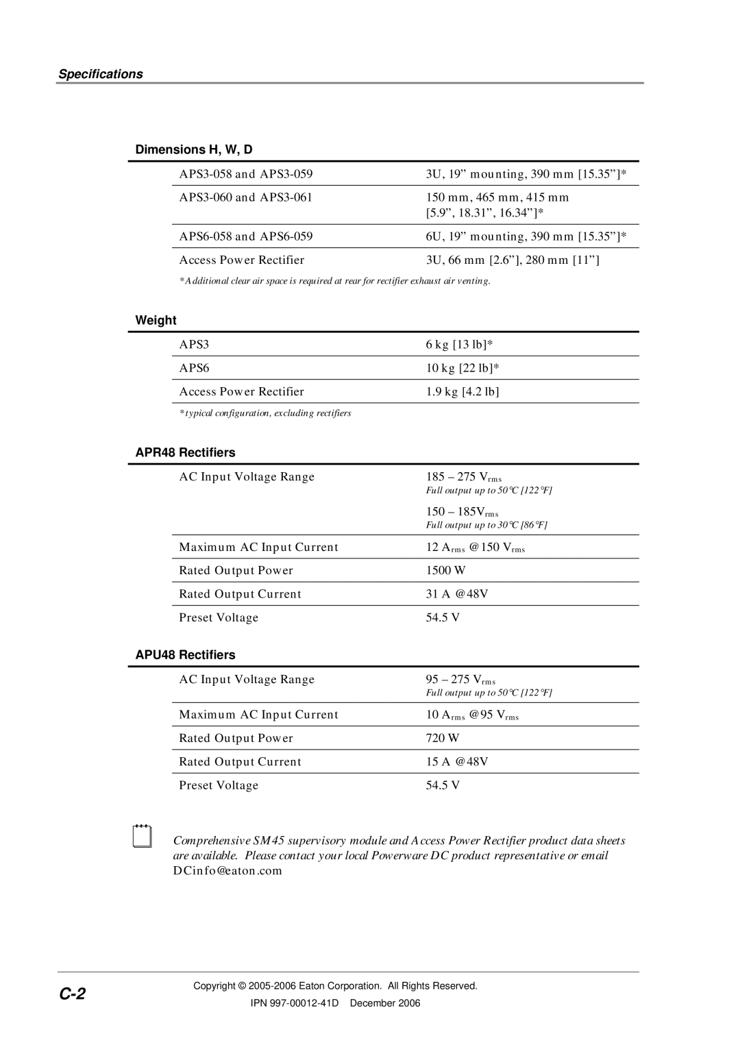 Eaton Electrical SC200 manual Specifications, Dimensions H, W, D, Weight, APR48 Rectifiers, APU48 Rectifiers 