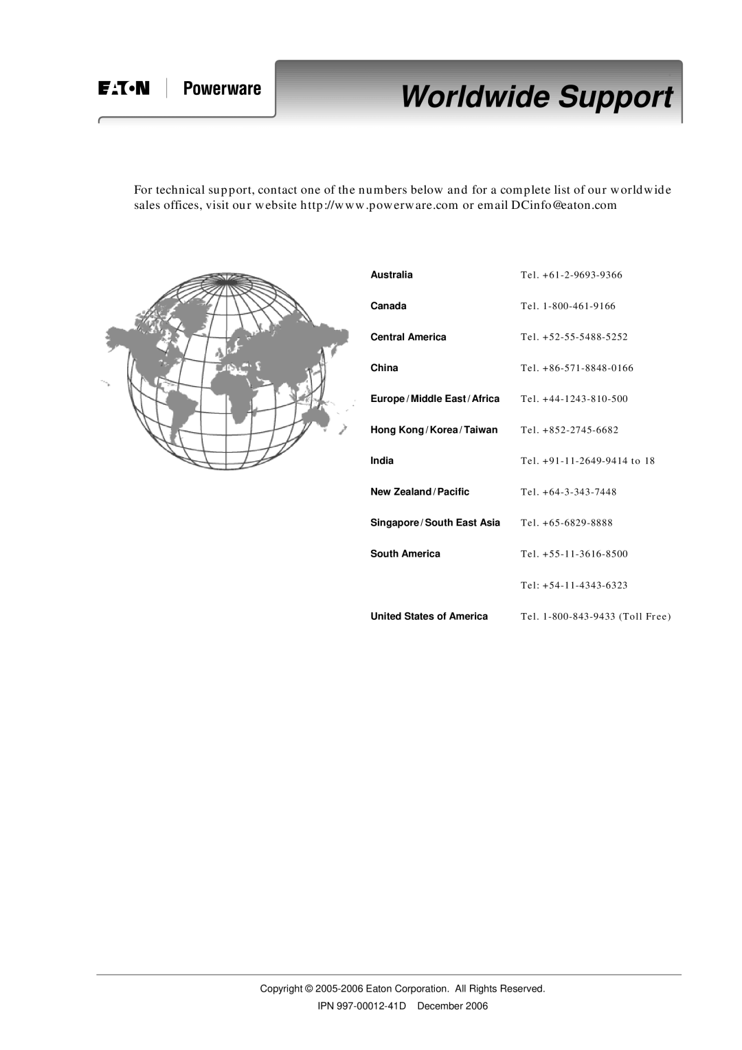 Eaton Electrical SC200 manual Worldwide Support, United States of America 