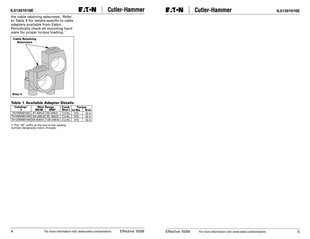 Eaton Electrical Series NRX Available Adapter Details, Cable Retaining Setscrews Step, Catalog① Wire Range Cond Torque 