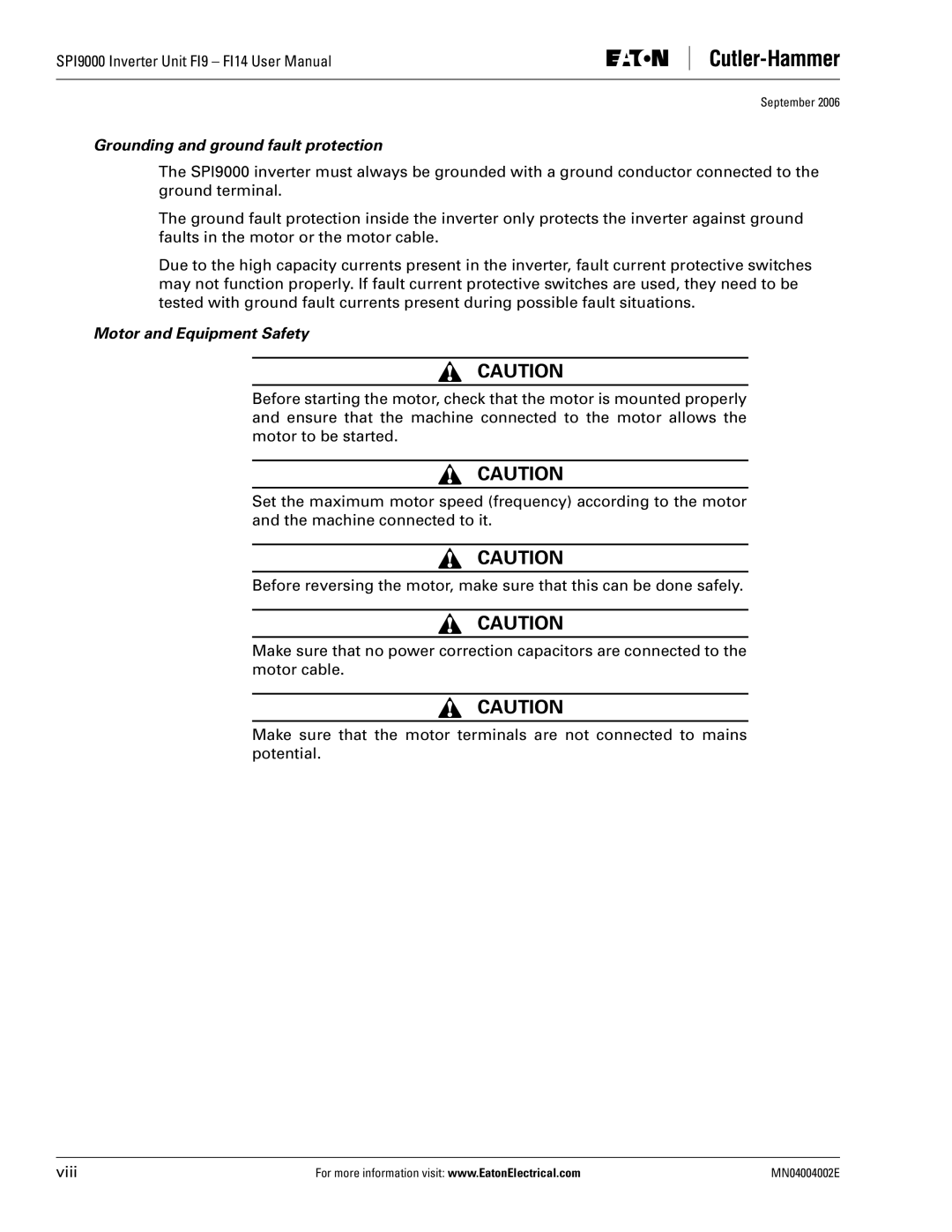 Eaton Electrical SPI9000 user manual Grounding and ground fault protection, Motor and Equipment Safety 