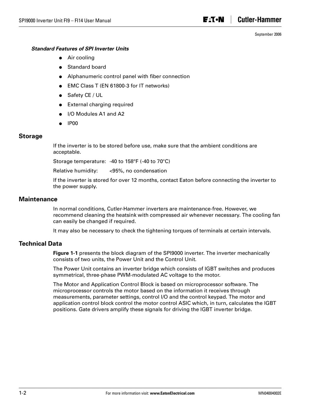 Eaton Electrical SPI9000 user manual Storage, Maintenance, Technical Data, Standard Features of SPI Inverter Units 