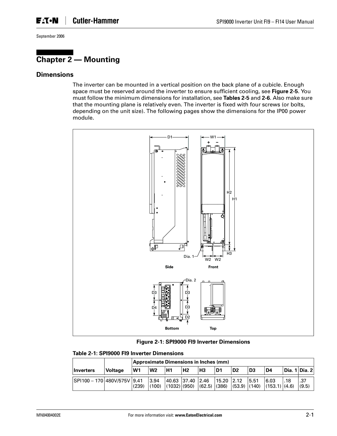 Eaton Electrical SPI9000 user manual Mounting, Approximate Dimensions in Inches mm Inverters Voltage Dia 