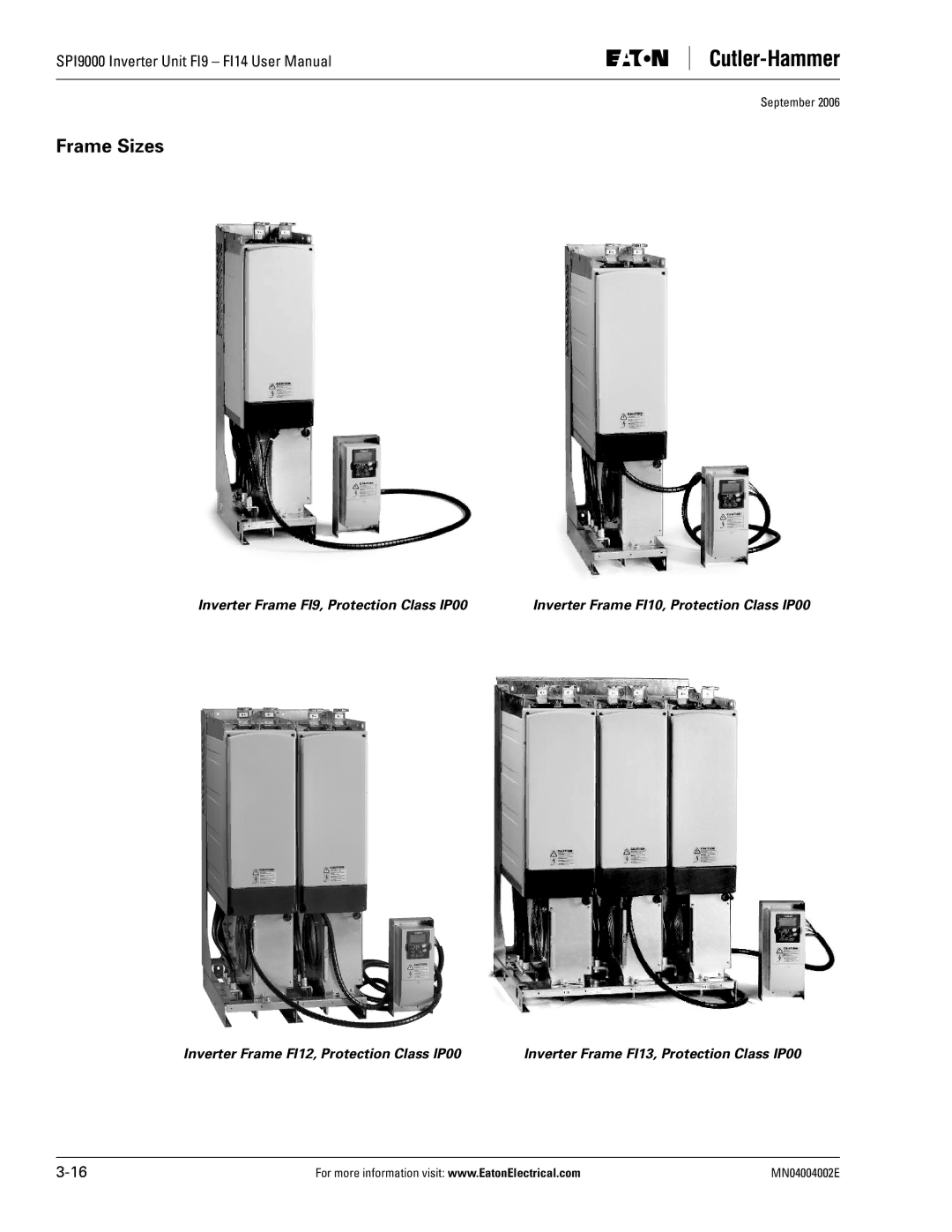 Eaton Electrical SPI9000 user manual Frame Sizes 