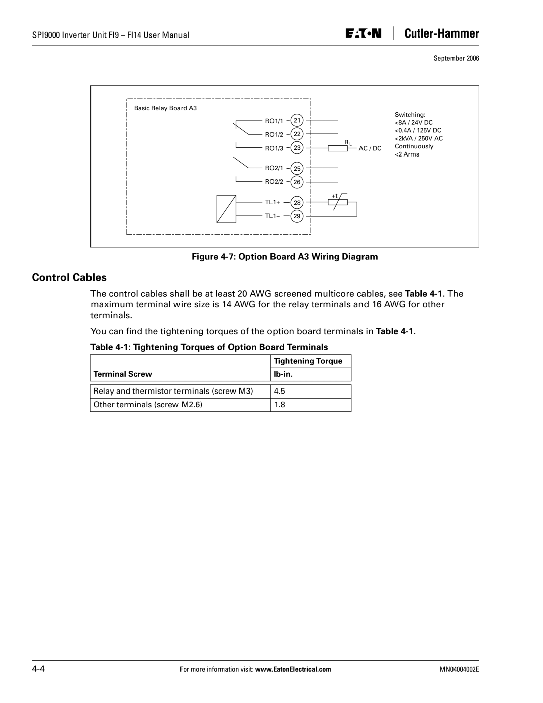 Eaton Electrical SPI9000 user manual Control Cables, Tightening Torques of Option Board Terminals 