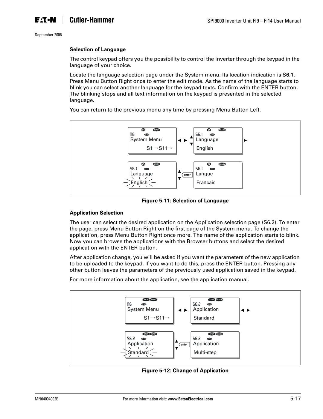 Eaton Electrical SPI9000 user manual Selection of Language Application Selection 