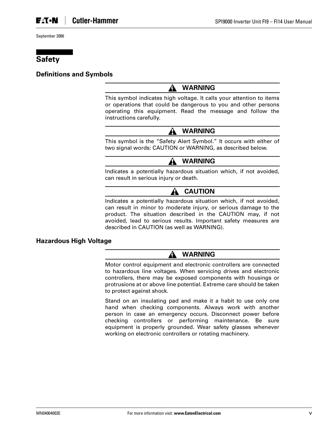 Eaton Electrical SPI9000 user manual Safety, Deﬁnitions and Symbols, Hazardous High Voltage 