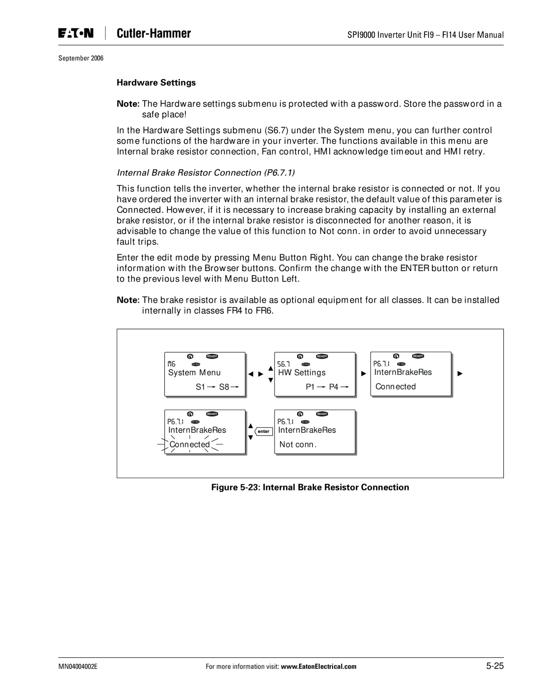 Eaton Electrical SPI9000 user manual Hardware Settings, Internal Brake Resistor Connection P6.7.1 