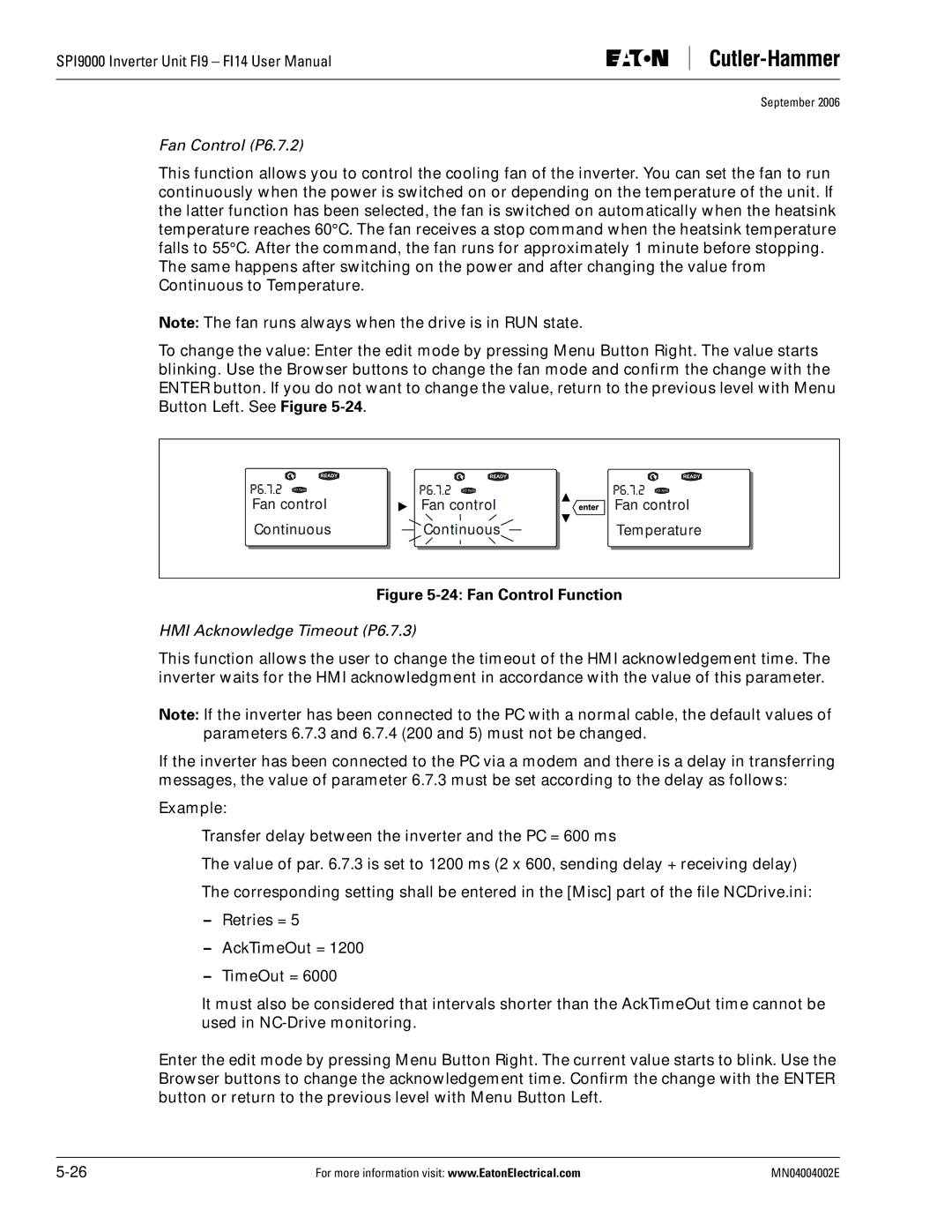 Eaton Electrical SPI9000 user manual Fan Control P6.7.2, HMI Acknowledge Timeout P6.7.3 