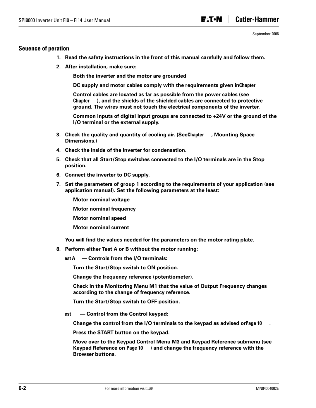 Eaton Electrical SPI9000 user manual Sequence of Operation 