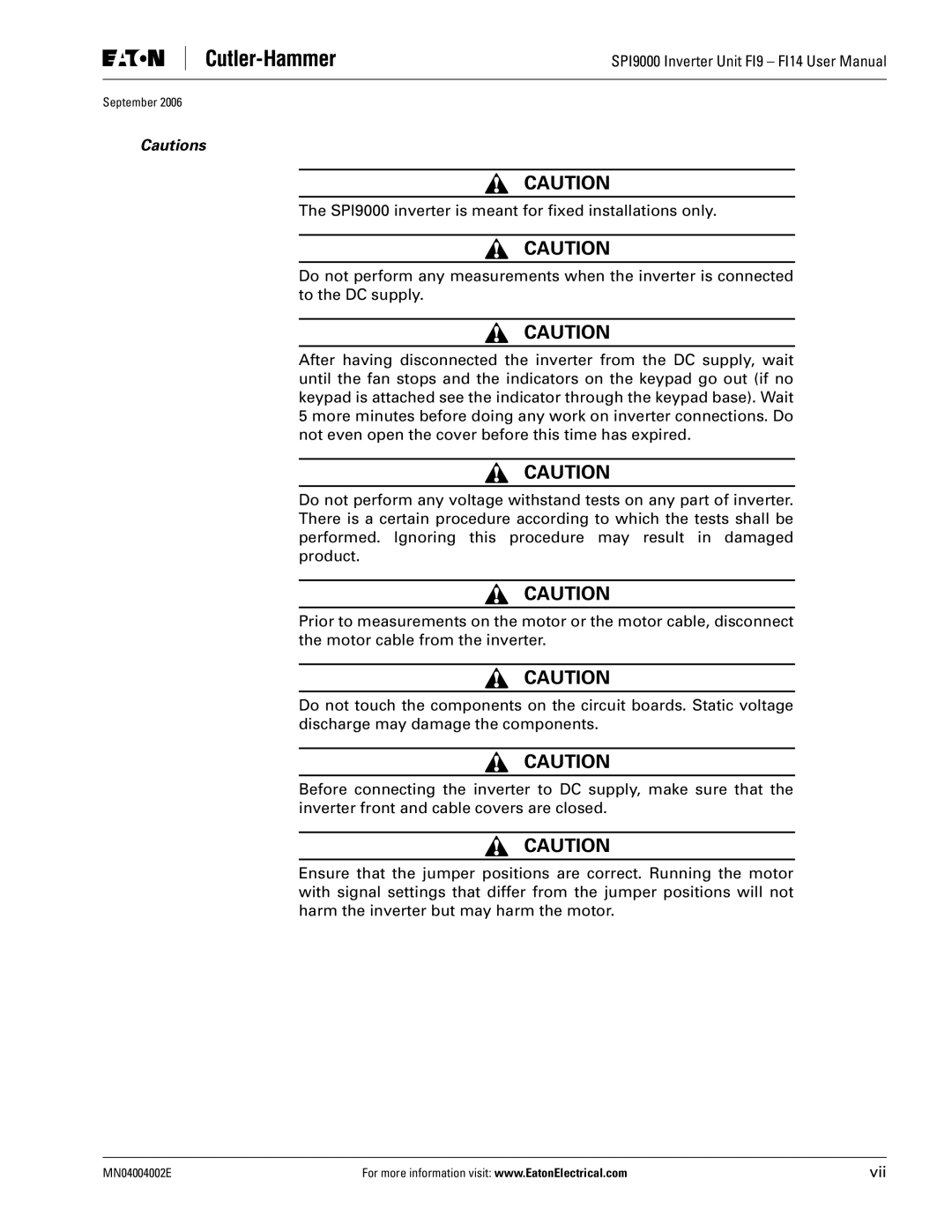 Eaton Electrical SPI9000 user manual Vii 