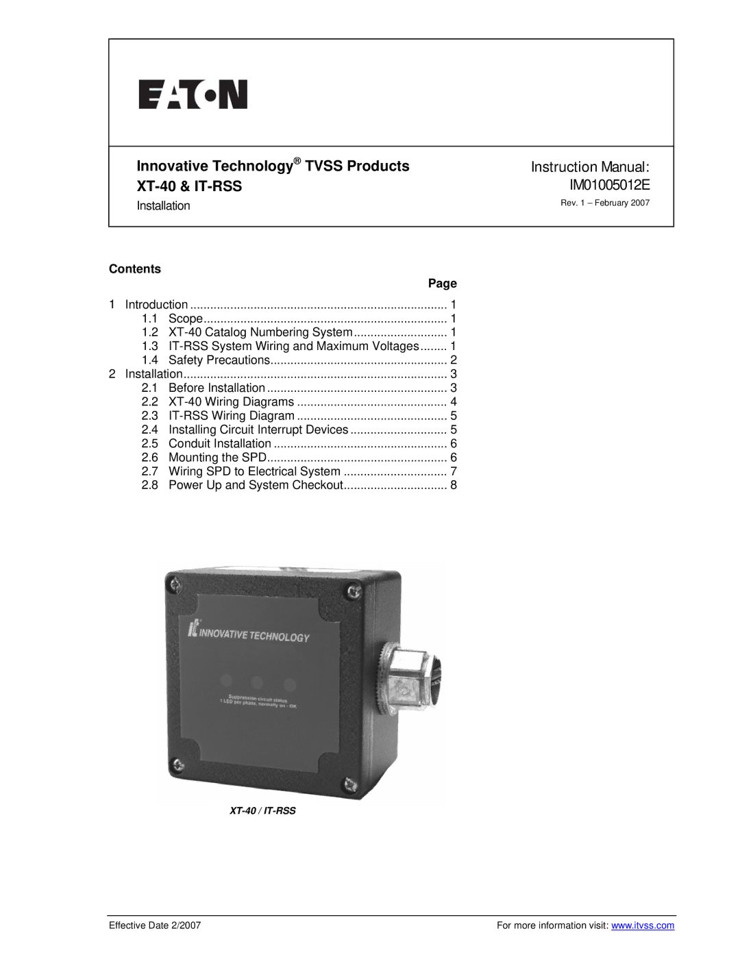 Eaton Electrical instruction manual IM01005012E, Innovative Technology Tvss Products XT-40 & IT-RSS 