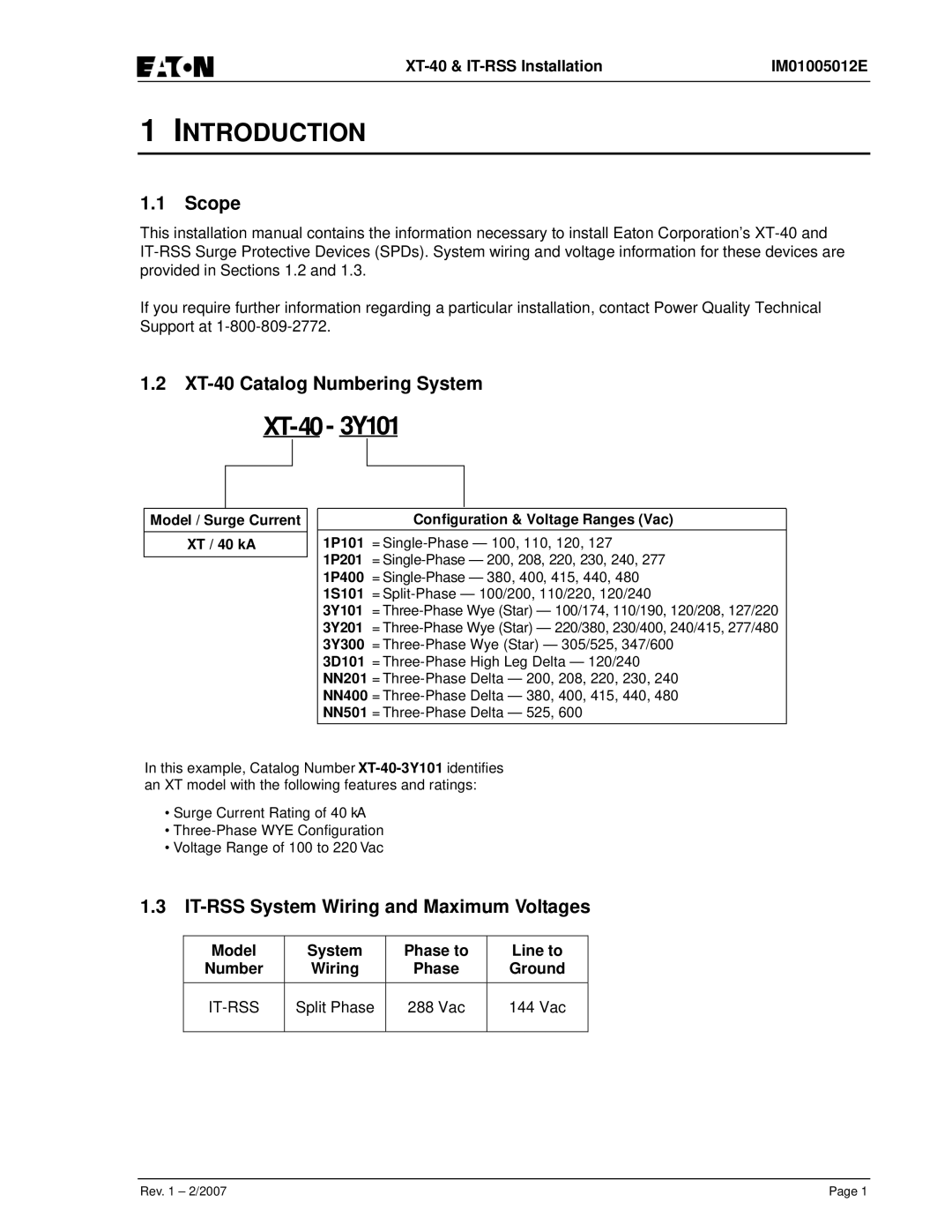 Eaton Electrical IM01005012E Scope, XT-40 Catalog Numbering System, IT-RSS System Wiring and Maximum Voltages 