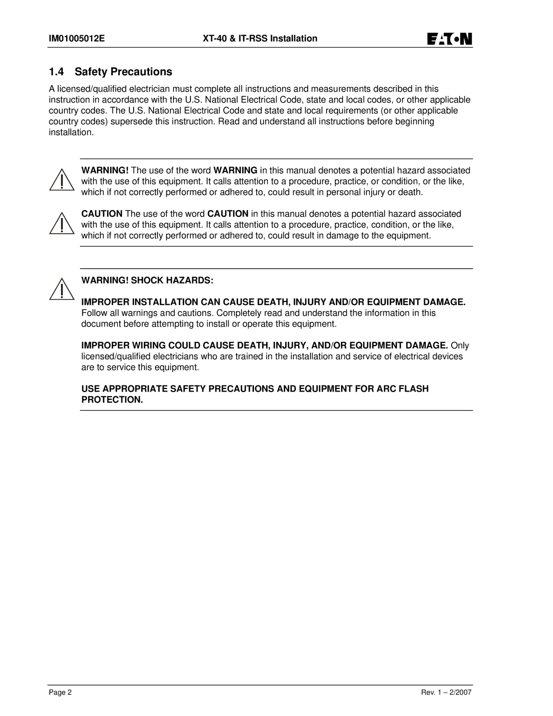 Eaton Electrical IT-RSS, XT-40, IM01005012E instruction manual Safety Precautions 