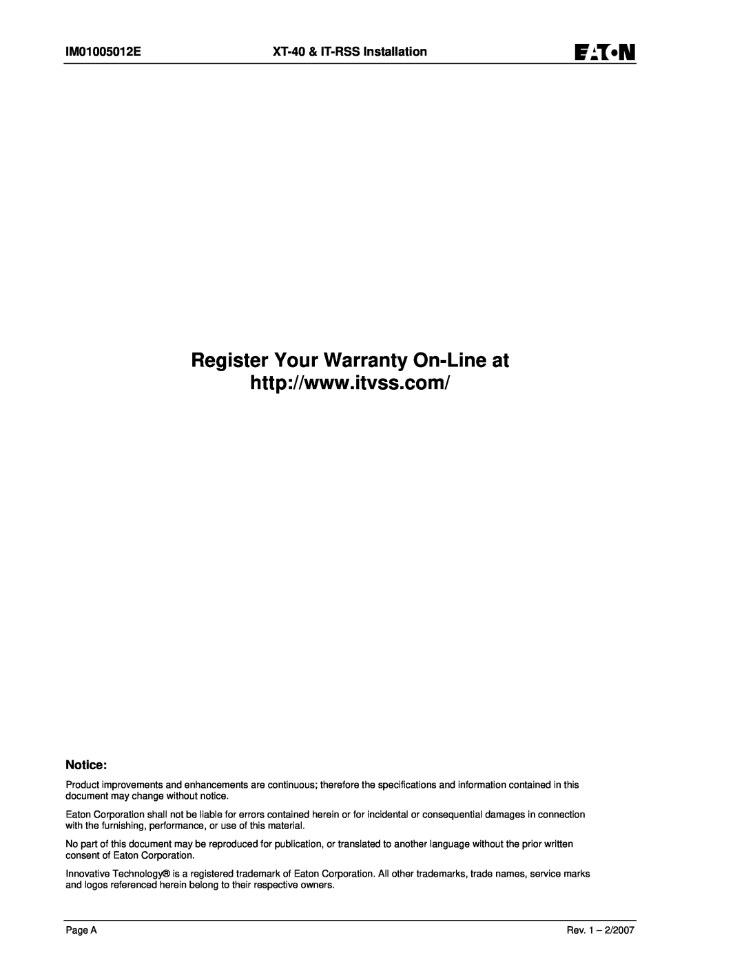 Eaton Electrical IM01005012E instruction manual Register Your Warranty On-Line at, XT-40 & IT-RSS Installation 