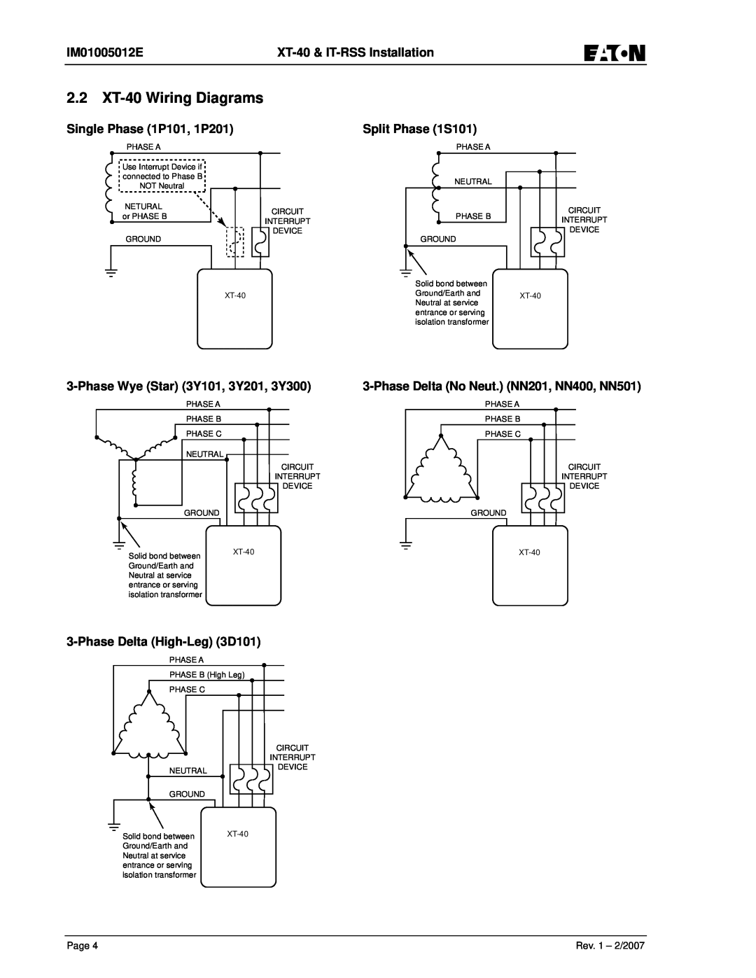 Eaton Electrical 2.2 XT-40 Wiring Diagrams, IM01005012E, XT-40 & IT-RSS Installation, Single Phase 1P101, 1P201 