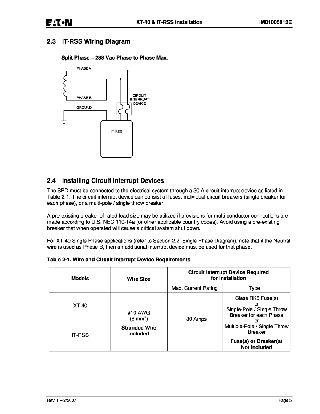 Eaton Electrical IT-RSS Wiring Diagram, Installing Circuit Interrupt Devices, Wire Size, for Installation, Included 