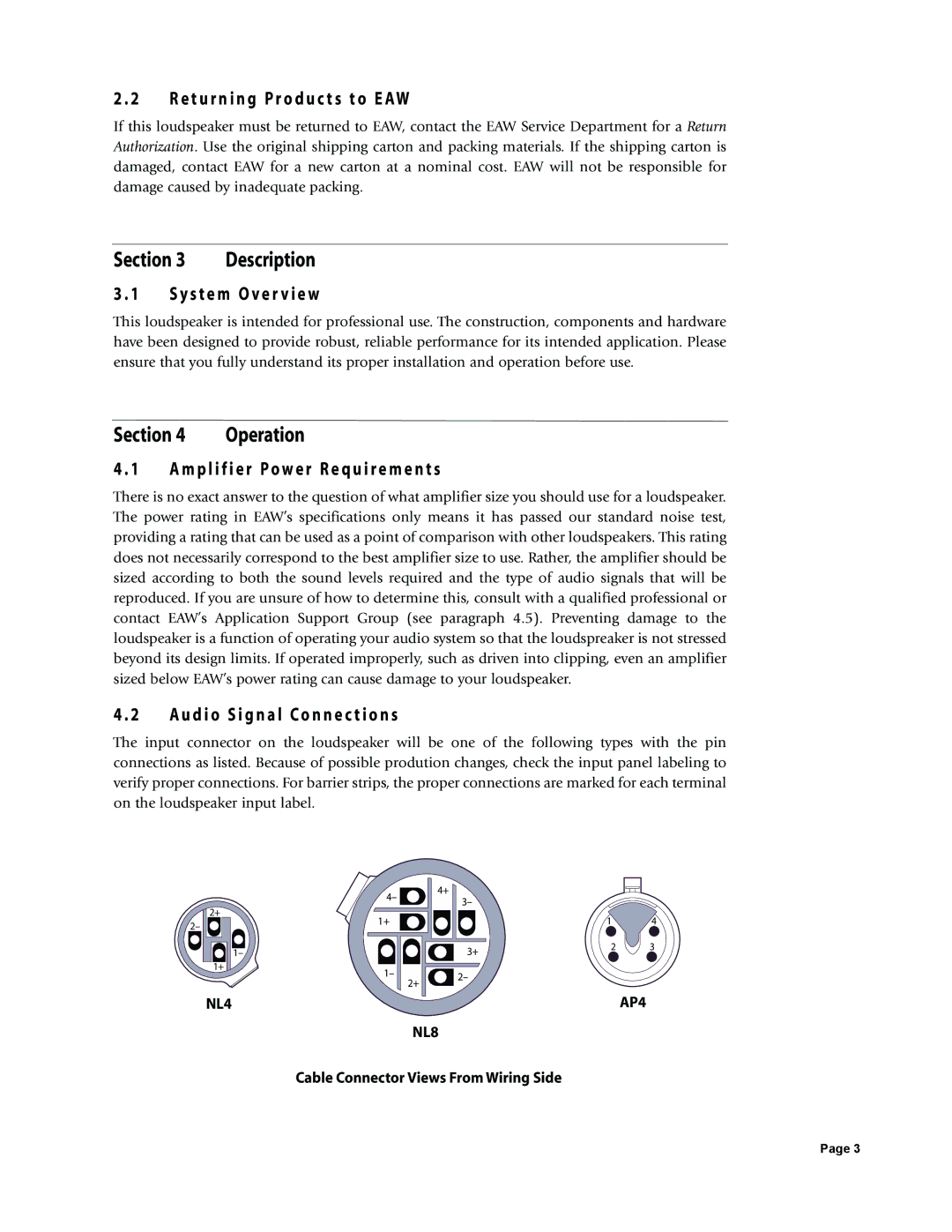 EAW 425017 owner manual Section Operation, E t u r n i n g P r o d u c t s t o E AW, Y s t e m O v e r v i e w, Description 