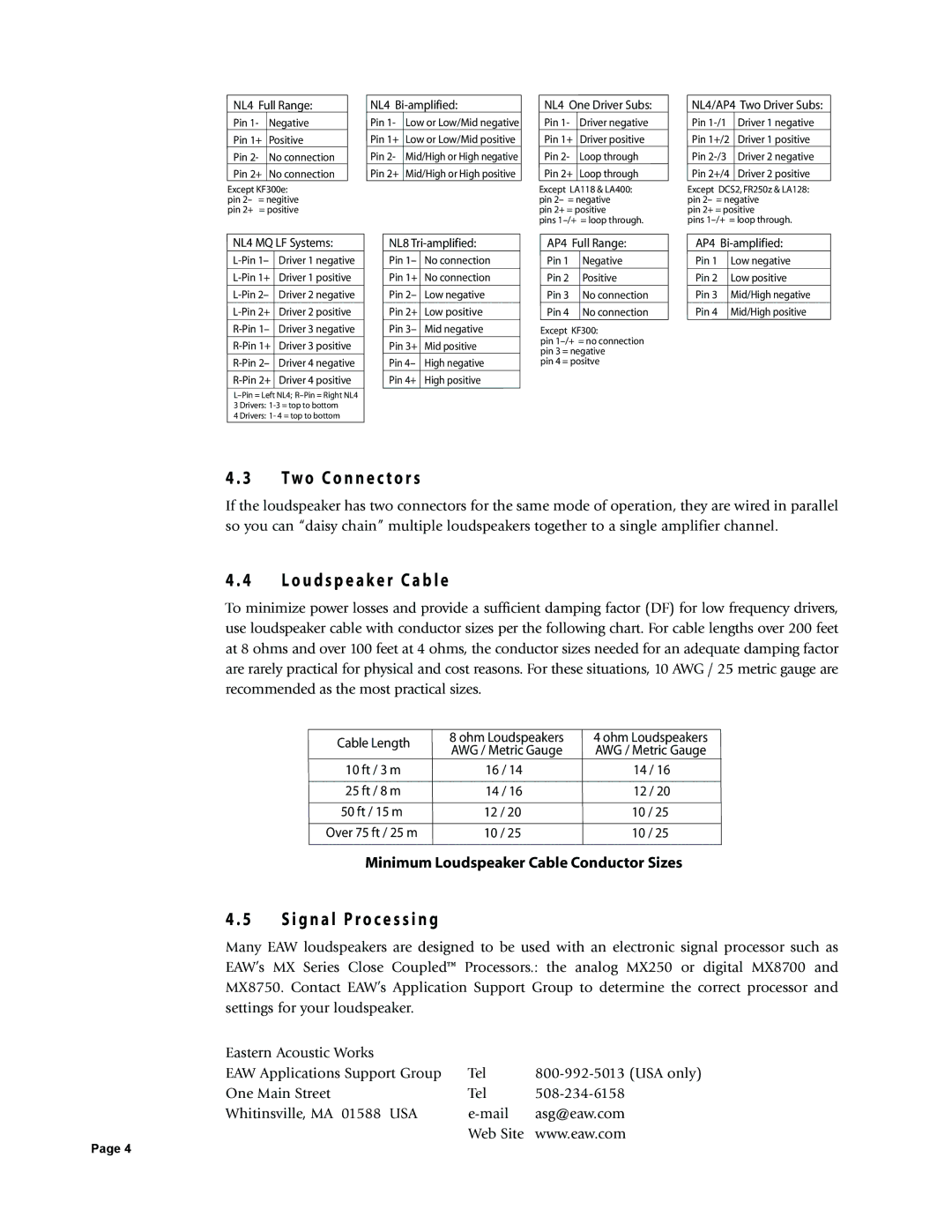 EAW 425017 owner manual Tw o C o n n e c t o r s, O u d s p e a k e r C a b l e, Minimum Loudspeaker Cable Conductor Sizes 