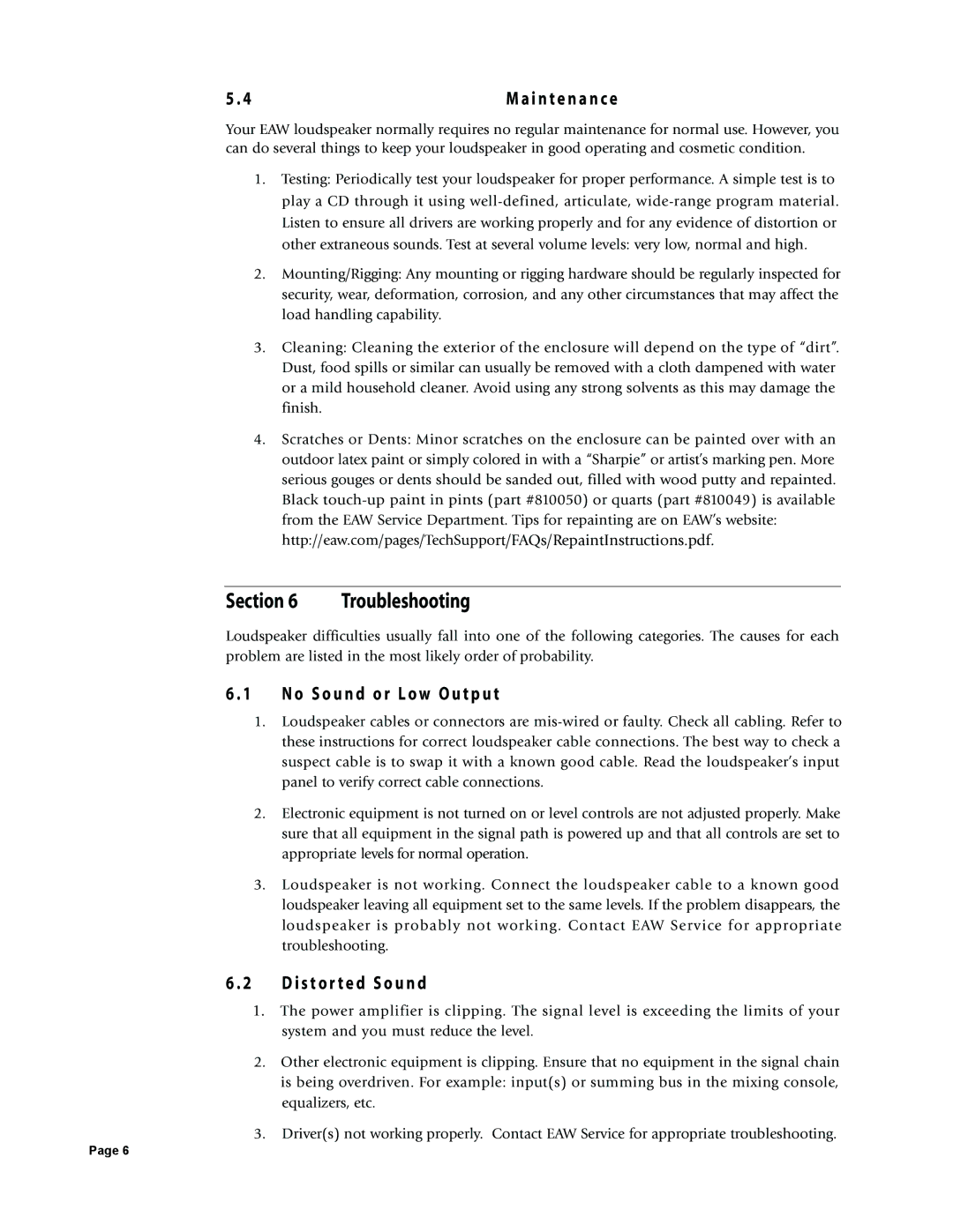 EAW 425017 owner manual Troubleshooting, O S o u n d o r L o w O u t p u t, I s t o r t e d S o u n d 