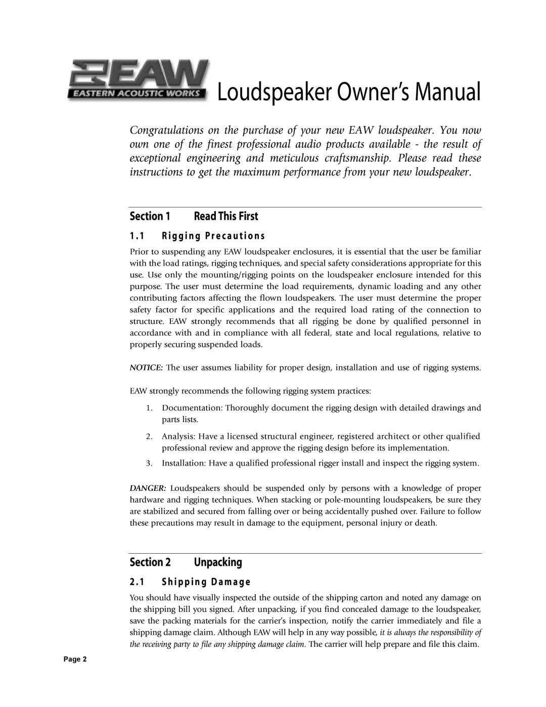 EAW 425017 owner manual Read This First, Section, 2 . 1 S h i p p i n g D a m a g e, Unpacking, Loudspeaker Owner’s Manual 