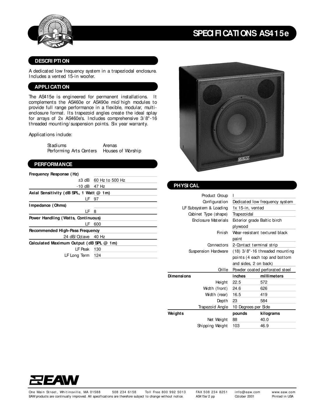 EAW AS415e specifications Description, Application, Performance, Physical 