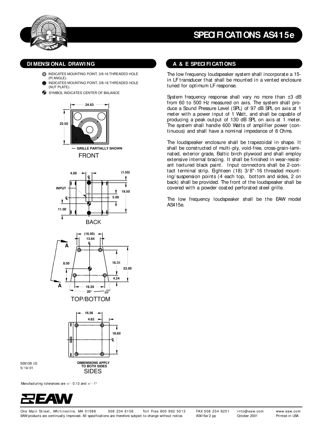 EAW AS415e specifications Dimensional Drawing, Specifications 