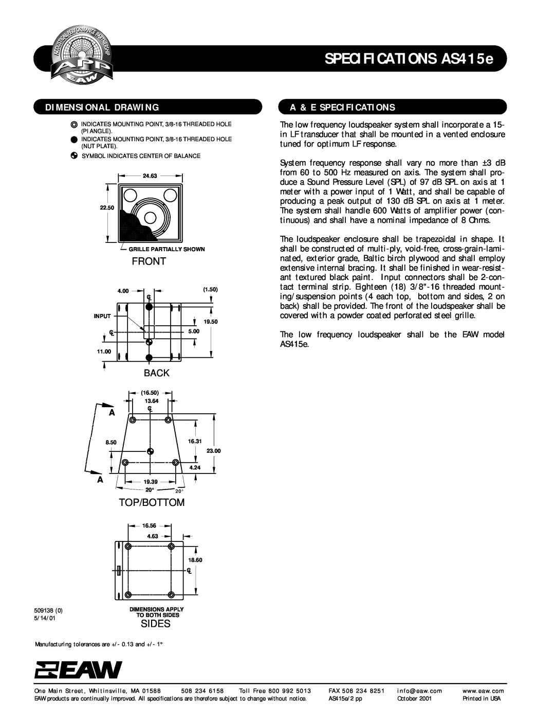 EAW specifications Dimensional Drawing, A & E Specifications, SPECIFICATIONS AS415e, Front 