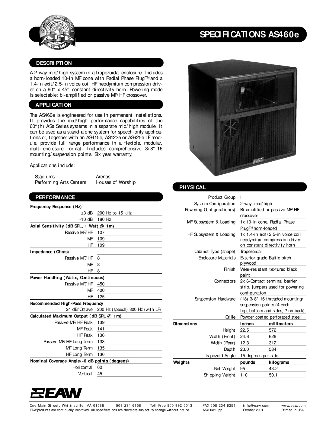 EAW AS460e specifications Description, Application, Performance, Physical 