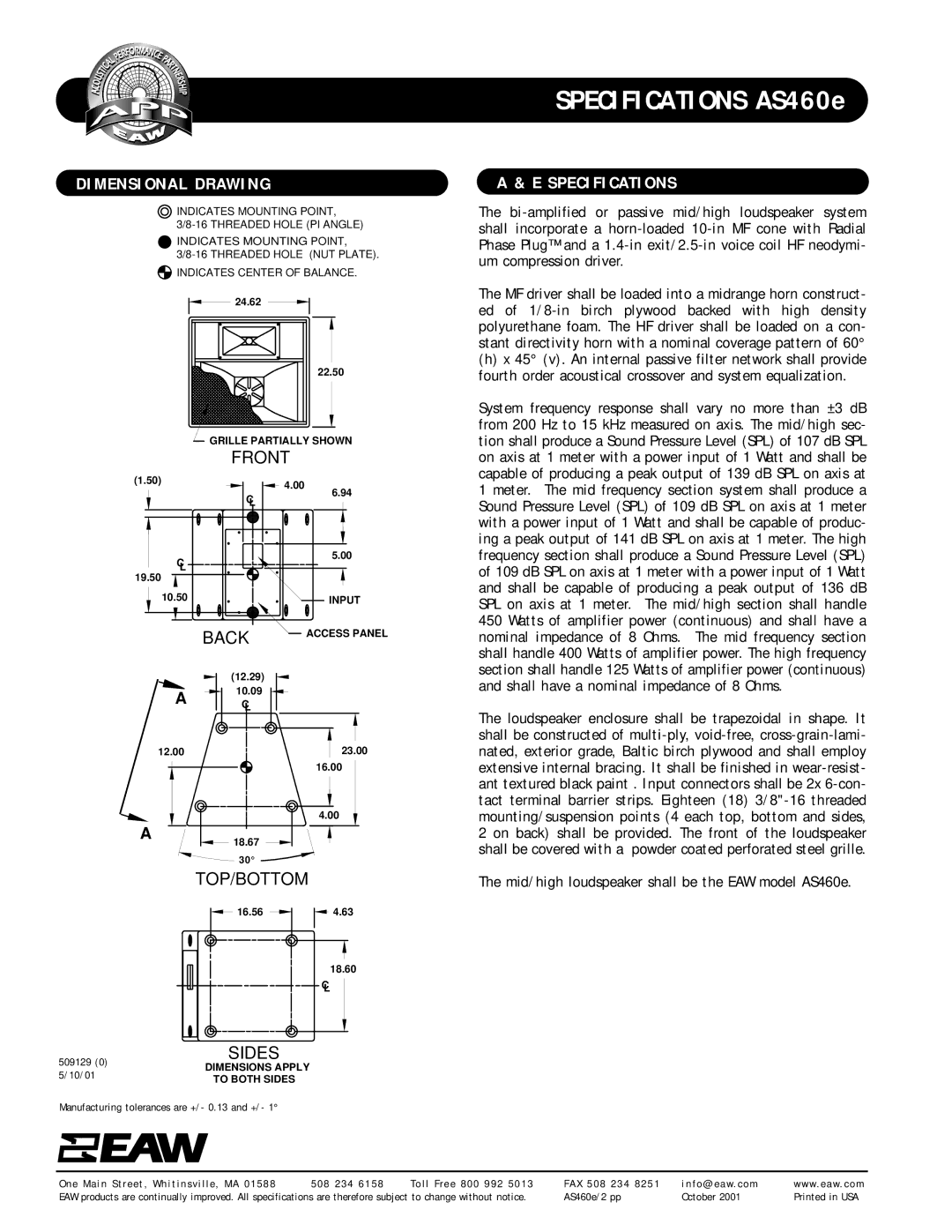 EAW AS460e specifications Dimensional Drawing, Specifications 